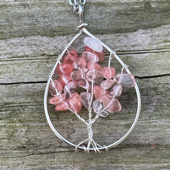 Cherry Quartz gemstone Tree of Life necklace stainless steel chain - Picture 4 of 9